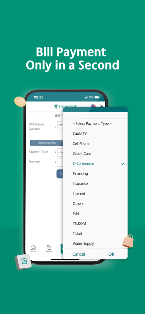 インターネットや公共料金などのサービスプロバイダーのメニューが表示されているMyHanaモバイルバンキングアプリの請求書支払い画面。