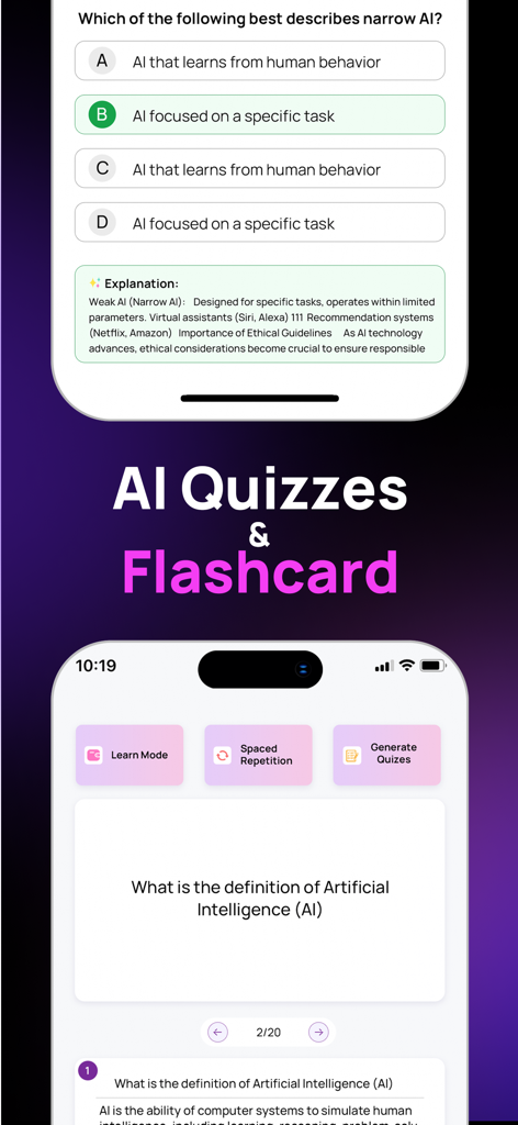 NovaTutor.AI: Video Tutor - NovaTutor mobile app interface showing AI-generated study quizzes and interactive flashcards with spaced repetition options.