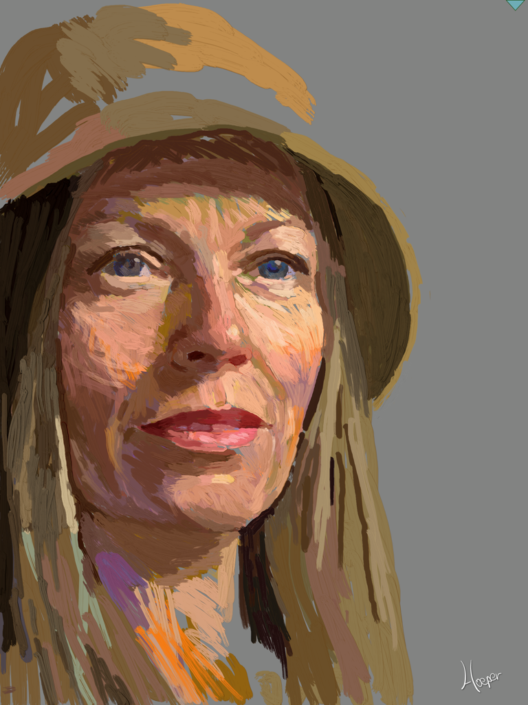 Un retrato digital pictórico de una mujer con sombrero.