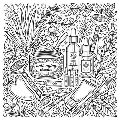 Indulge in a moment of mindful coloring with this beautifully detailed anti-aging skincare template. Featuring elegant bottles, creams, and facial tools nestled among lush botanical elements, it's perfect for relaxation.
