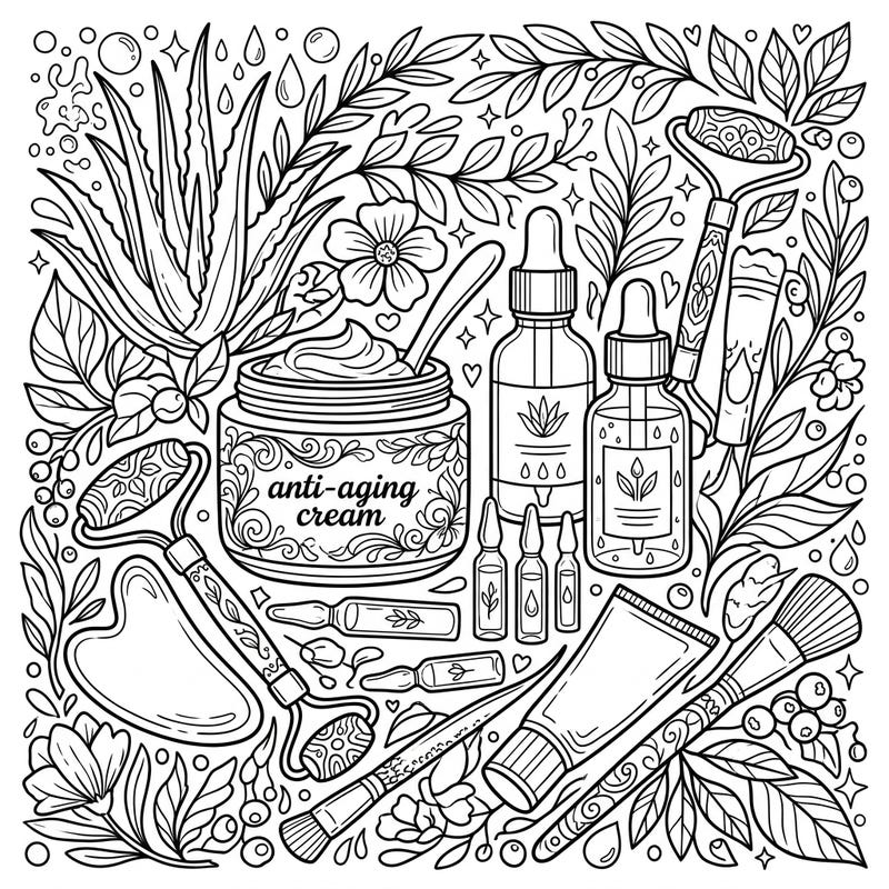 Indulge in a moment of mindful coloring with this beautifully detailed anti-aging skincare template. Featuring elegant bottles, creams, and facial tools nestled among lush botanical elements, it's perfect for relaxation.
