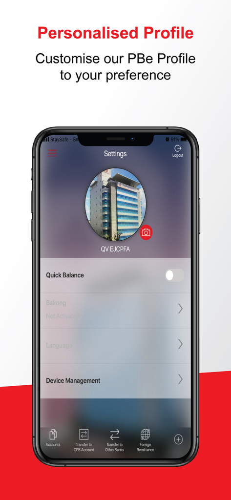 PB engage KH - PB engage KH mobile banking app settings screen showing personalized profile and account management options