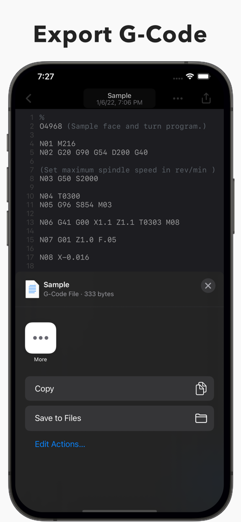 Export G-Code interface in the Sequence CNC app showing share and save options