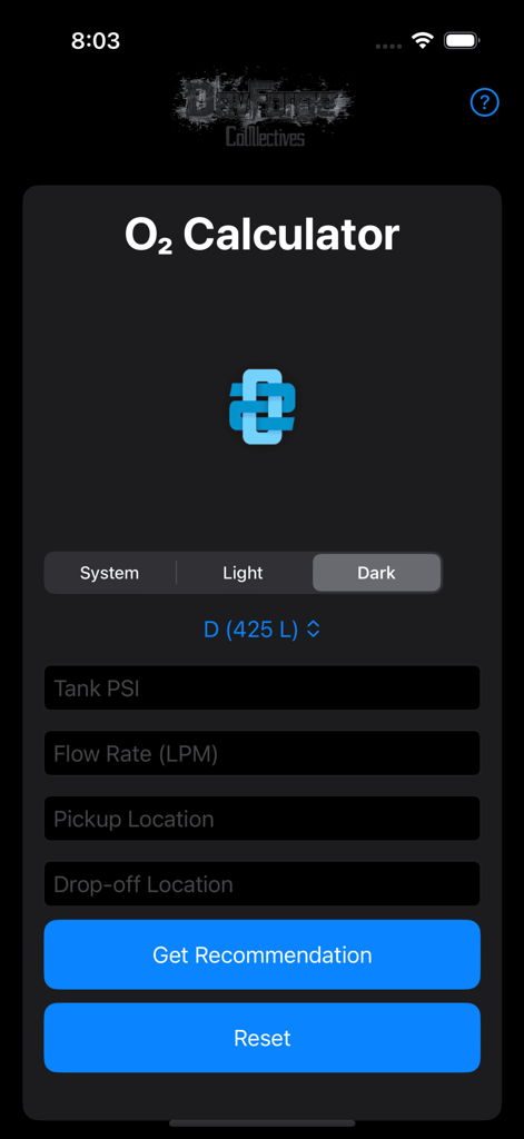 O2 Calculator Companion - Oxygen calculator app screen showing input fields for tank PSI and flow rate with a Get Recommendation button