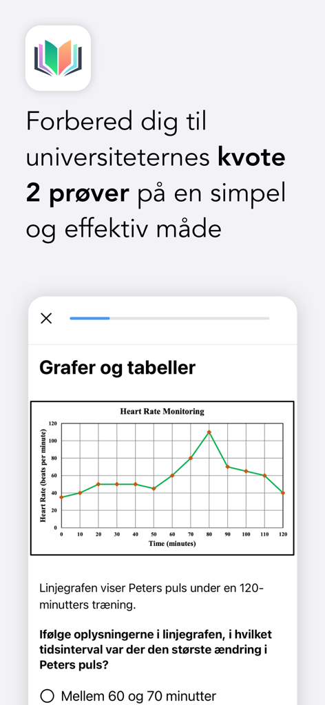 Kvote 2 Quiz - Interface de l'application Kvote 2 Quiz montrant une question de graphique linéaire de surveillance du rythme cardiaque