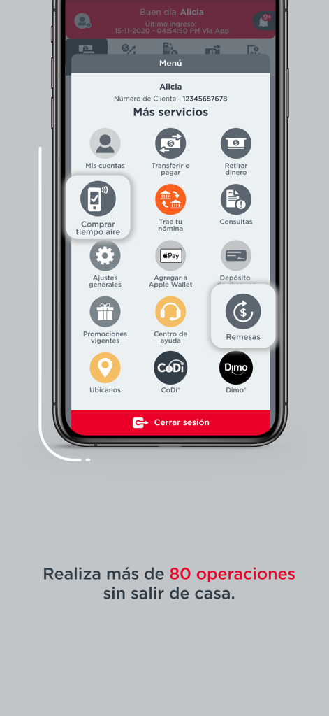 Interfaz de la aplicación móvil Banorte Móvil que muestra el menú principal con servicios bancarios, incluyendo remesas y transferencias