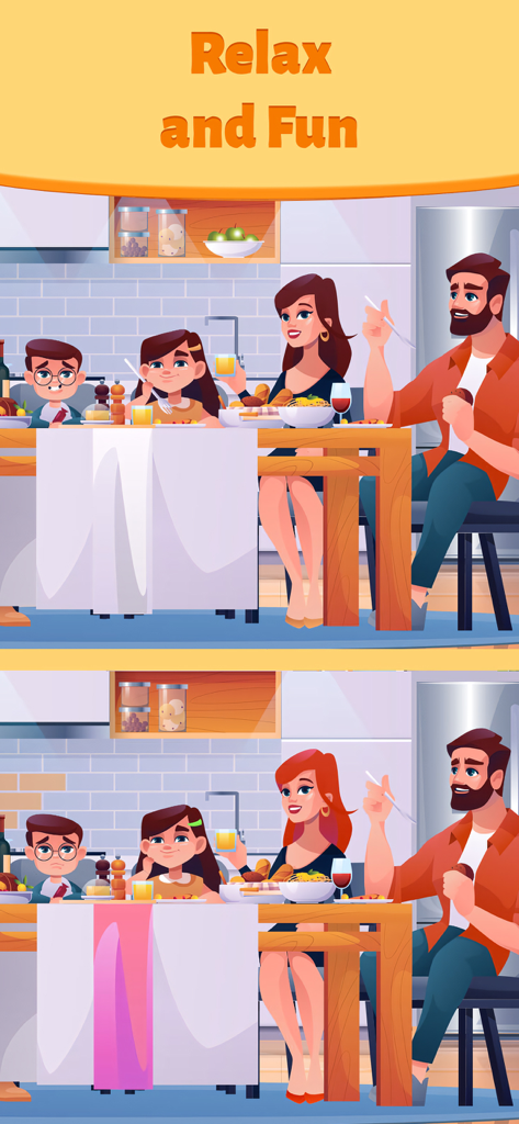 Differences Online—Find Games - A spot the difference puzzle featuring a cartoon family having dinner together at a table.