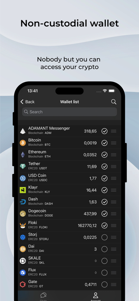ADAMANT Messenger - Screen showing the non-custodial crypto wallet in ADAMANT Messenger with various cryptocurrency balances