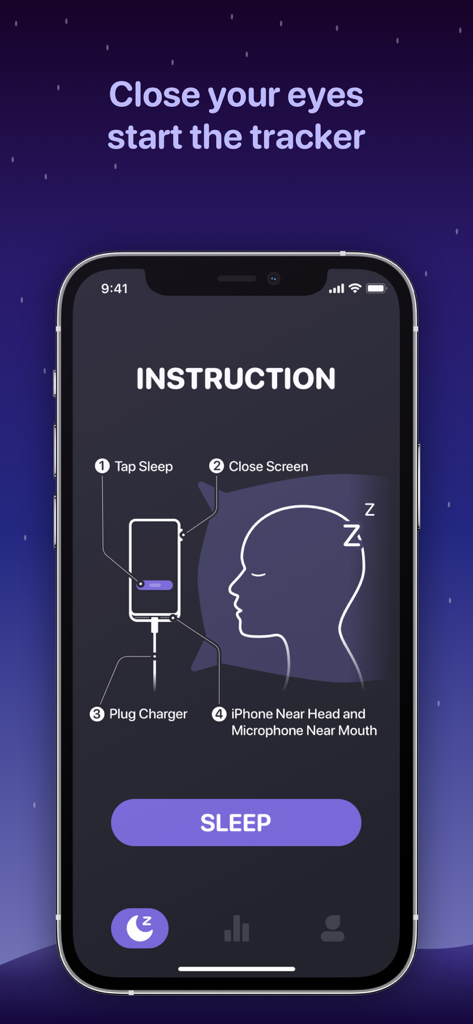 Tela de instruções do aplicativo Analisador de Ronco mostrando um guia passo a passo para posicionamento do telefone e configuração antes do rastreamento do sono