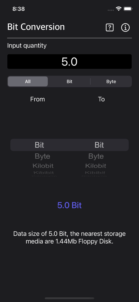 Bit Converter Plus - Bit Converter Plus mobile app screen showing a digital data conversion interface in dark mode.