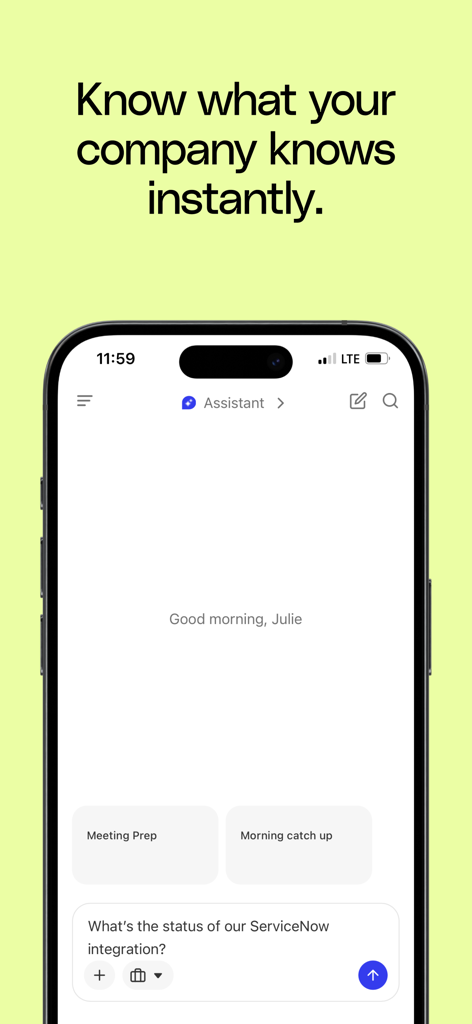 Glean Work mobile app screen showing the AI assistant interface for instant company knowledge.