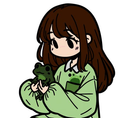 girl with long hair and a oversized shirt. and she is holding a frog