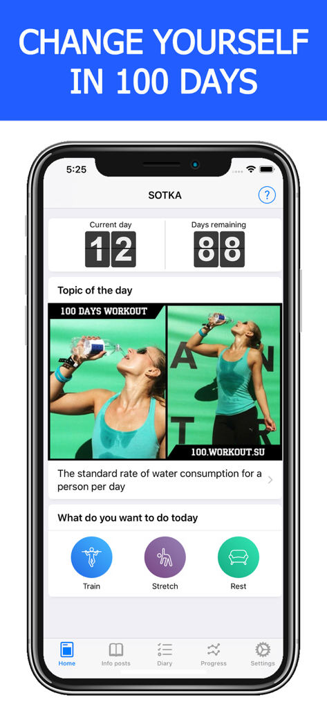 SOTKA fitness app dashboard showing 100 day challenge progress and daily workout options
