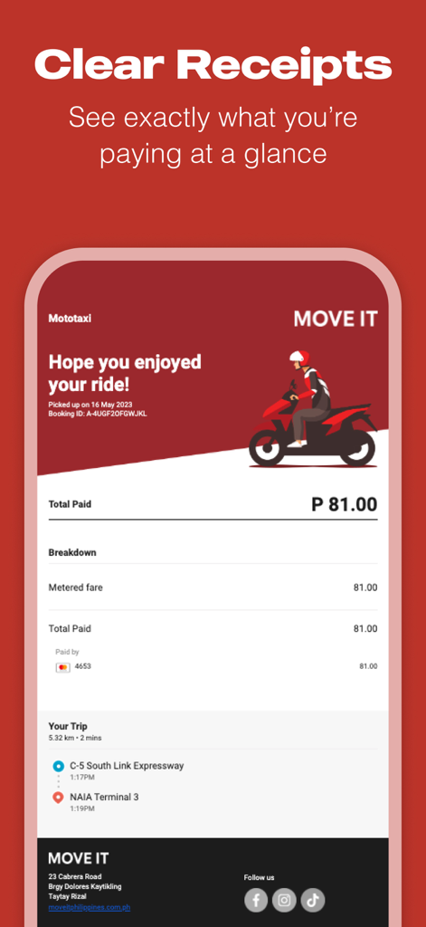 バイクタクシーの料金の内訳と目的地詳細を示すMove Itアプリのデジタル領収書