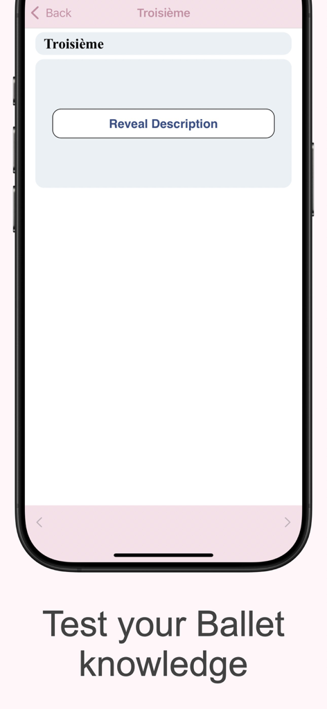 Ballet Lite - Pantalla de tarjeta de memoria de la aplicación Ballet Lite con el término Troisieme y un botón para revelar la descripción para probar el conocimiento de ballet.