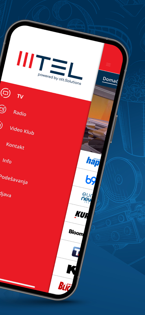 MTEL TV - Ein Smartphone-Bildschirm, der das Seitenmenü der MTEL TV App mit Kategorien wie TV Radio und Video Club über einer Liste von Balkan-TV-Kanal-Logos anzeigt