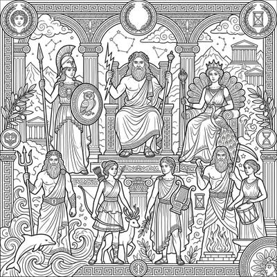 Unleash your inner artist with this magnificent Greek Gods & Goddesses coloring page. Explore the epic world of ancient mythology as you bring powerful deities like Zeus, Hera, and Athena to vibrant life.