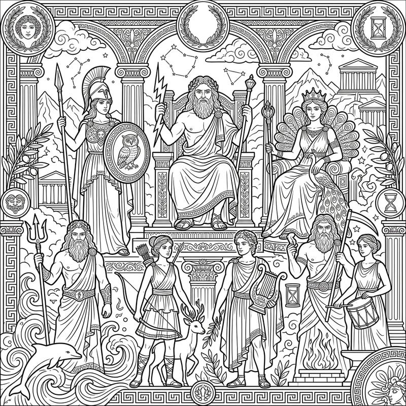 Unleash your inner artist with this magnificent Greek Gods & Goddesses coloring page. Explore the epic world of ancient mythology as you bring powerful deities like Zeus, Hera, and Athena to vibrant life.