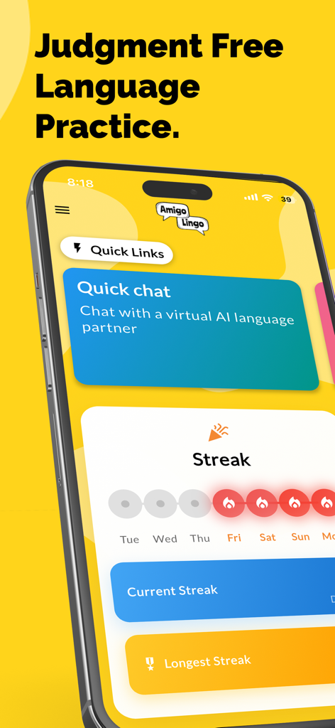 Amigo Lingo: Speak Spanish - Panel de la aplicación Amigo Lingo mostrando funciones de chat de IA y rastreador de rachas de aprendizaje