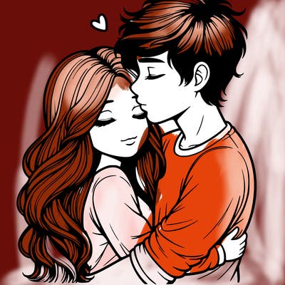 a realistic couple boy and girl hugging and kissing