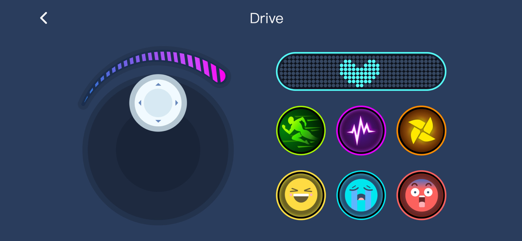 Makeblockアプリのリモートコントロール画面。ジョイスティックとロボットの表情ボタンが表示されています。