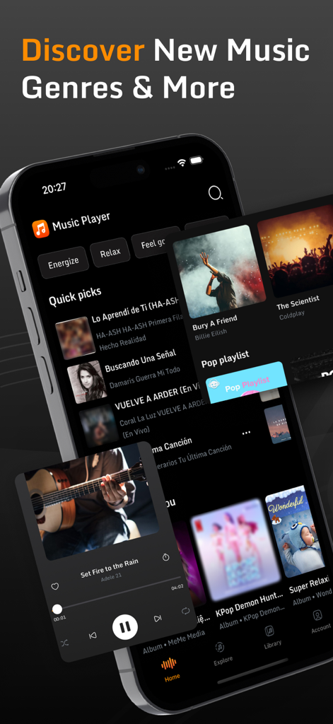 Music X app screenshot showing music discovery and playlist features