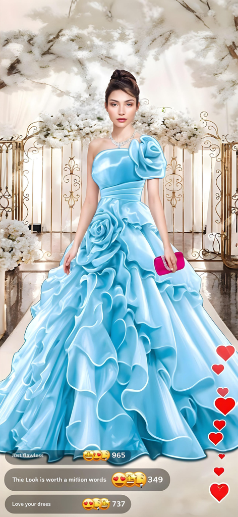 Wedding Fashion Stars - A woman wearing a large ruffled blue one shoulder gown and holding a pink clutch in a wedding setting