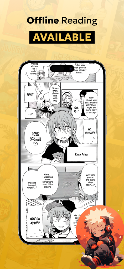 Aplicativo Manga Reader King mostrando o recurso de leitura offline com uma página de mangá exibida em uma tela de smartphone
