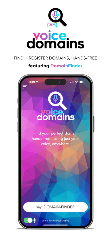 Voice Domains - Pantalla de inicio de la aplicación Voice Domains que muestra la interfaz de búsqueda de dominios activada por voz