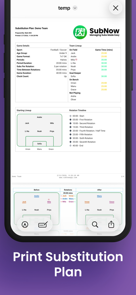SubNow: Player Rotation Timer - Printable substitution plan showing player rotations and starting lineup for a youth sports team.