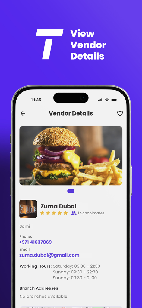 Screenshot der Tolaab-App, die Details zu einem Restaurant anzeigt, einschließlich Essensbild, Kontaktinformationen und Arbeitszeiten.