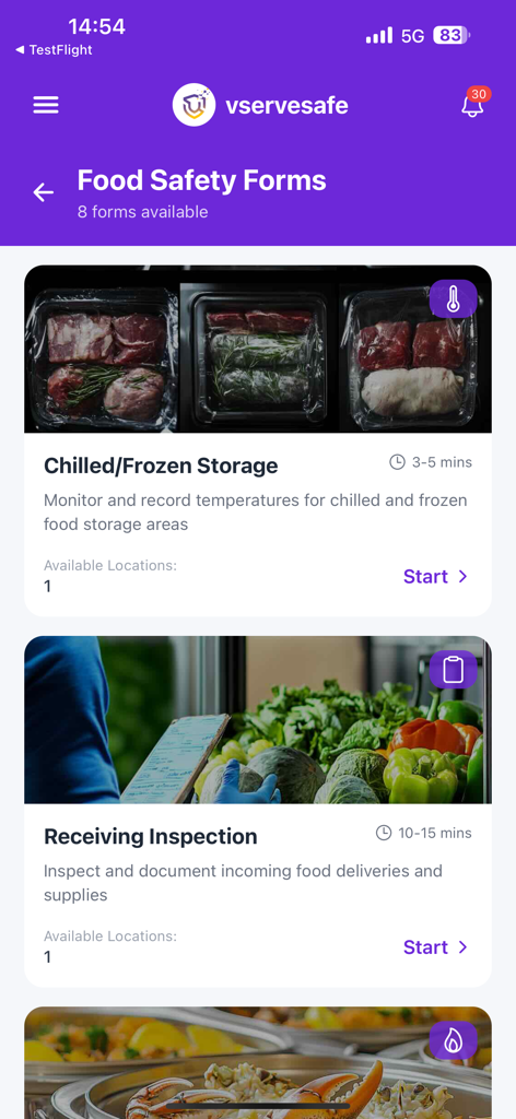 Mobile Bildschirmansicht der Vservesafe Lebensmittelsicherheitsformulare für Kühlketten- und Wareneingangskontrollen