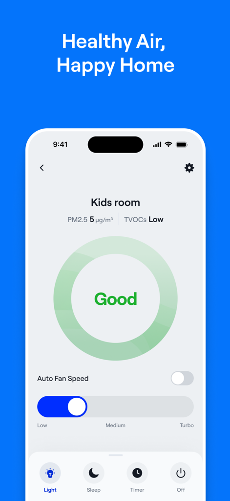 Carrier SmartHome 앱 인터페이스, 실내 공기질 상태 및 어린이 방 팬 제어 표시