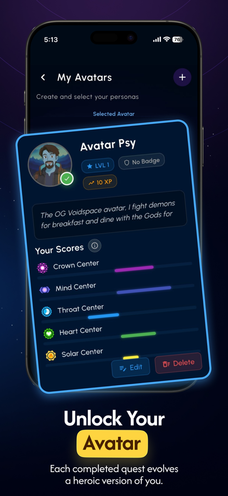 Voidspace AI - Interface of the Voidspace AI app showing the profile and evolution scores for a digital avatar named Avatar Psy