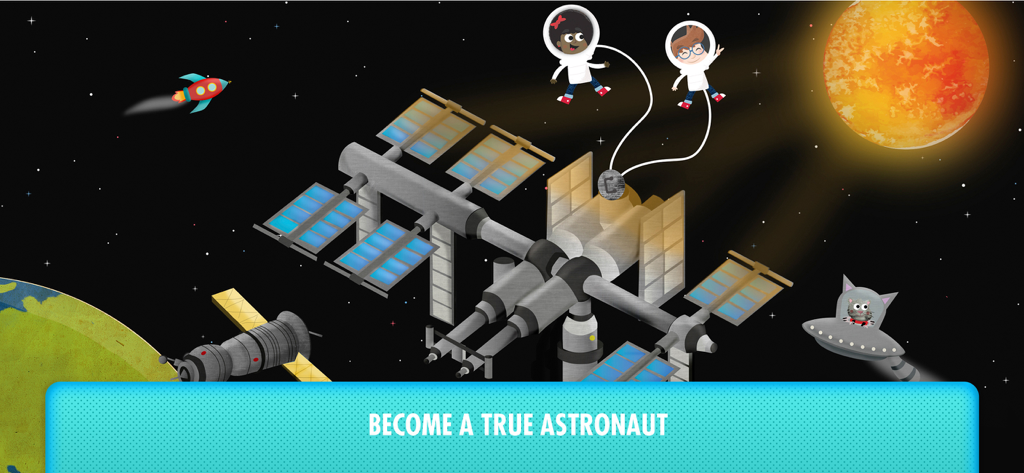 Illustration of children in astronaut suits floating outside the International Space Station near the sun