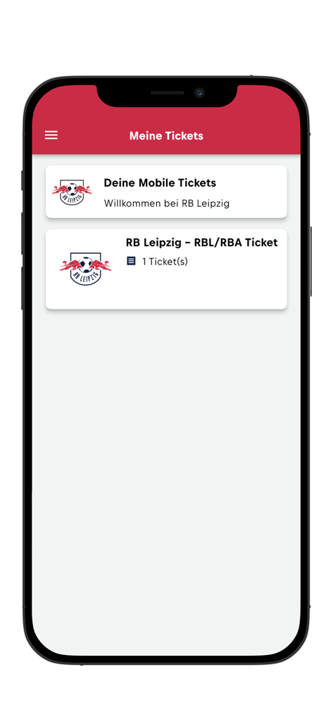 RBL Ticket App-Bildschirm, der digitale Spieltickets für RB Leipzig anzeigt