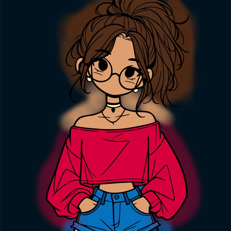 girl with a messy ponytail glasses a baggy crop top and jean shorts