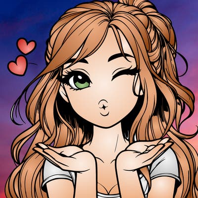 realistic girl winking and blowing a kiss while making heart hands