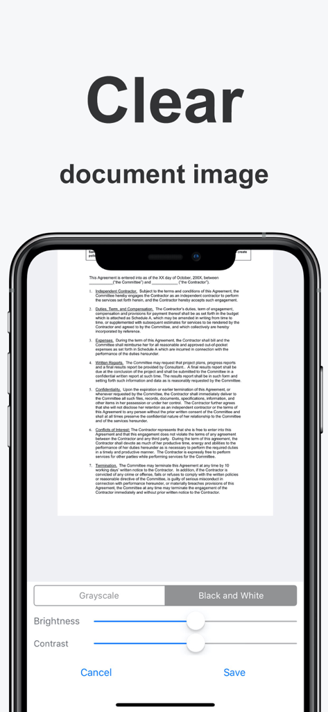 FaxGun mobile app interface displaying a clear scanned document with brightness and contrast adjustment tools