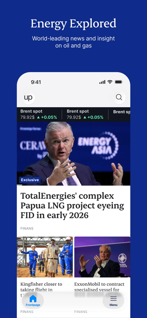 석유 및 가스 산업 헤드라인과 시장 가격을 표시하는 Upstream News 앱 인터페이스