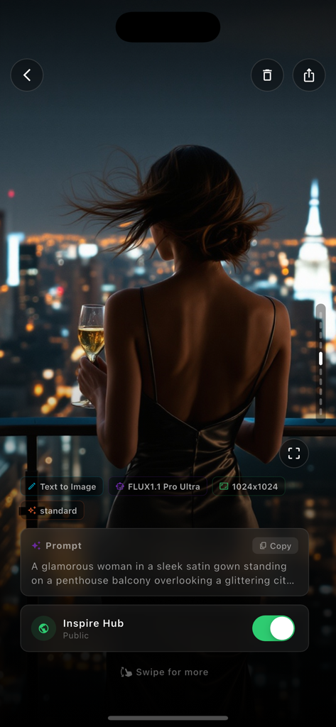 ChatAgent AI Chat Ask Anything - Captura de tela do ChatAgent AI Art Studio mostrando uma imagem gerada por IA de alta qualidade de uma mulher em uma varanda de cobertura com detalhes do prompt.