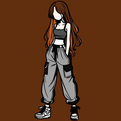 girl in baggy pants crop top and long hair