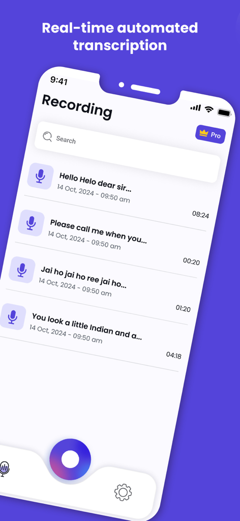 Voice Notes Ai-Speech to Text - 자동 녹취 요약이 있는 음성 녹음 목록을 보여주는 모바일 앱 인터페이스