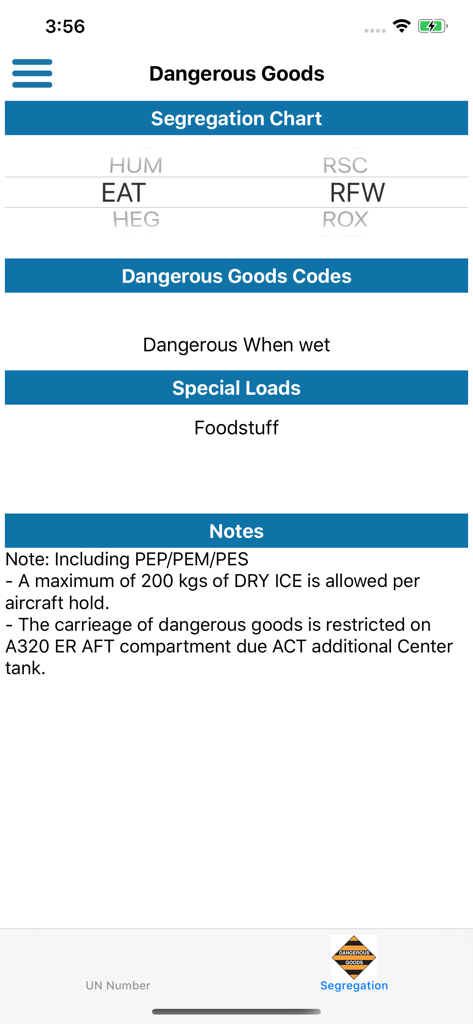 787 Handbook dangerous goods segregation chart and cargo safety notes
