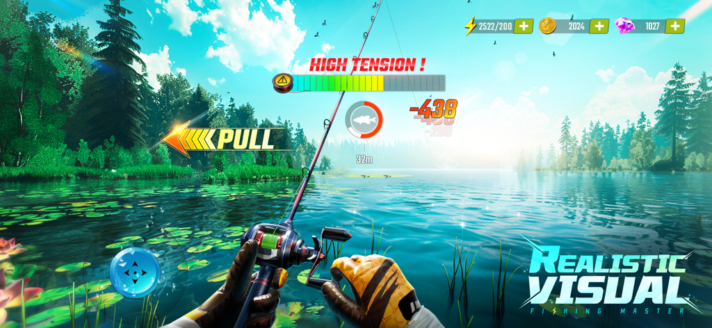 Una vista en primera persona de un jugador recogiendo un pez en un lago escénico en Fishing Master.