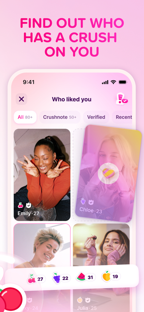 Interface of the Fruitz dating app showing a list of users who liked the profile with fruit icons representing different relationship intentions.