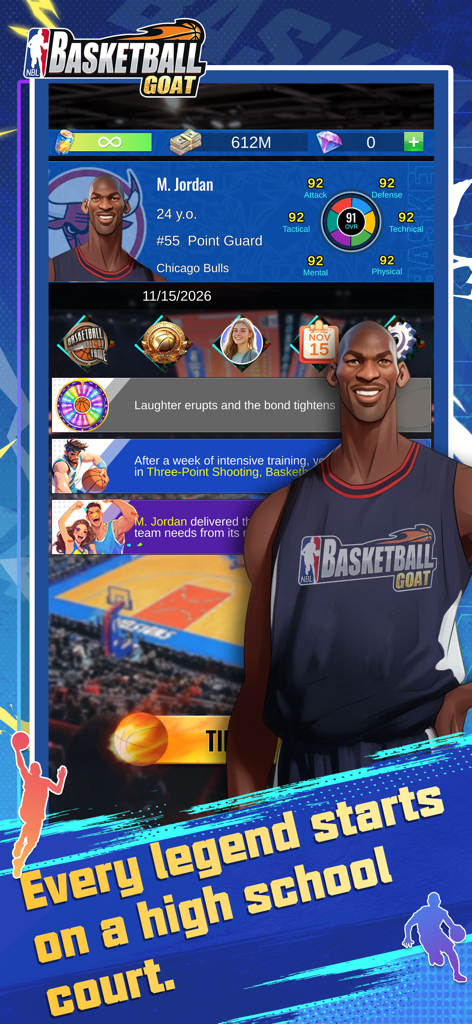 A promotional screenshot of the Basketball GOAT mobile game showing player attributes and career progress