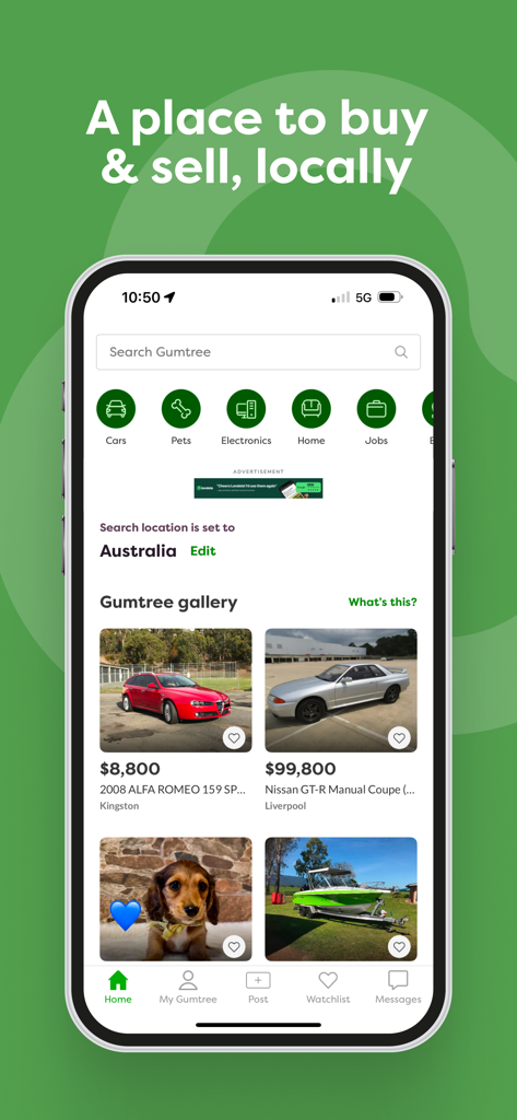 Pantalla de inicio de la aplicación móvil Gumtree que muestra categorías de anuncios locales y listados de artículos