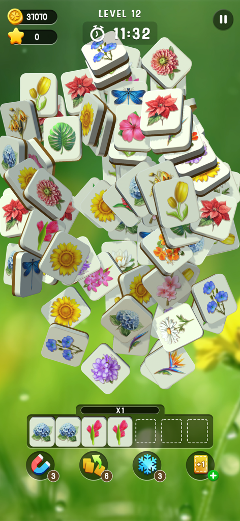 Blossom Match - A relaxing tile matching puzzle game screen featuring vibrant hand-crafted flower designs and zen-inspired background