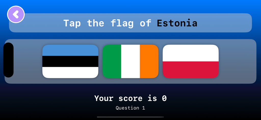World Countries Flags - Learn - Uma interface de quiz de geografia perguntando ao usuário para identificar a bandeira da Estônia entre três opções